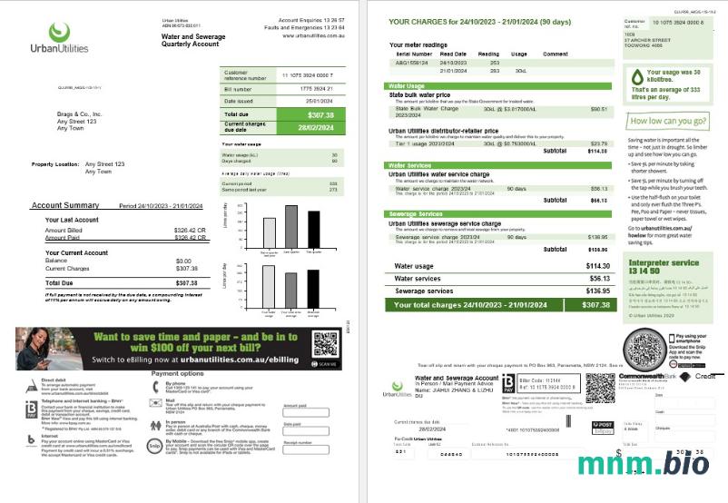 Australia Urban Utilities Word and Pdf rachunek za usługi komunalne template 2 pages